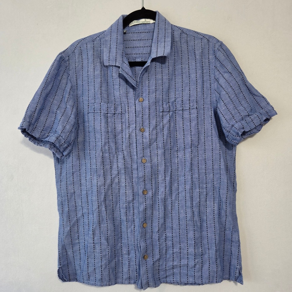 Criquet Button Up Shirt Mens M Blue Linen Blend Dot Stripe Coastal Preppy Modern - Picture 2 of 12